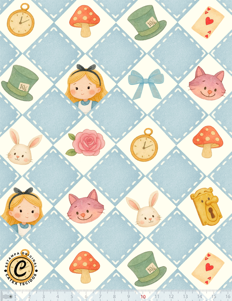 Tecido Tricoline Especial Coleção Mini Alice - Mosaico da Alice - 100% Algodão - Largura 1,50m