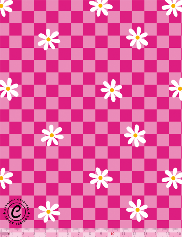 Tecido Tricoline Especial Coleção Colorê por Meia Tigela - Xadrez de Margaridas - Rosa - 100% Algodão - Largura 1,50m