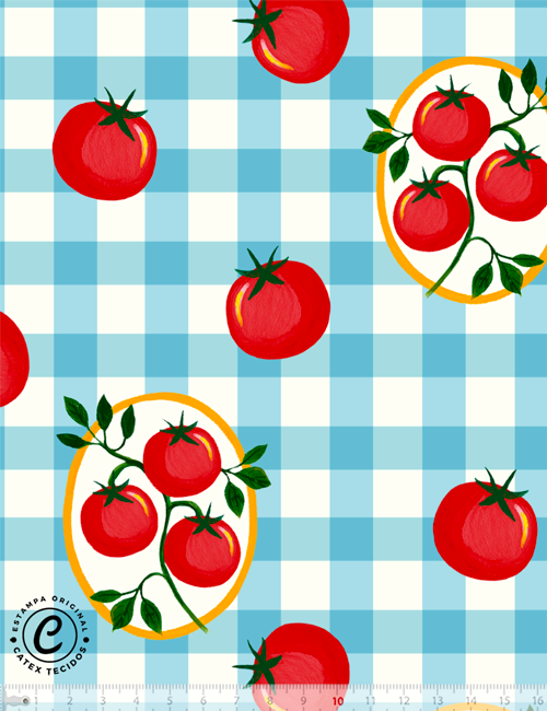 Tecido Tricoline Especial Coleção Casa Pomodoro - Tomates no Xadrez - 100% Algodão - Largura 1,50m