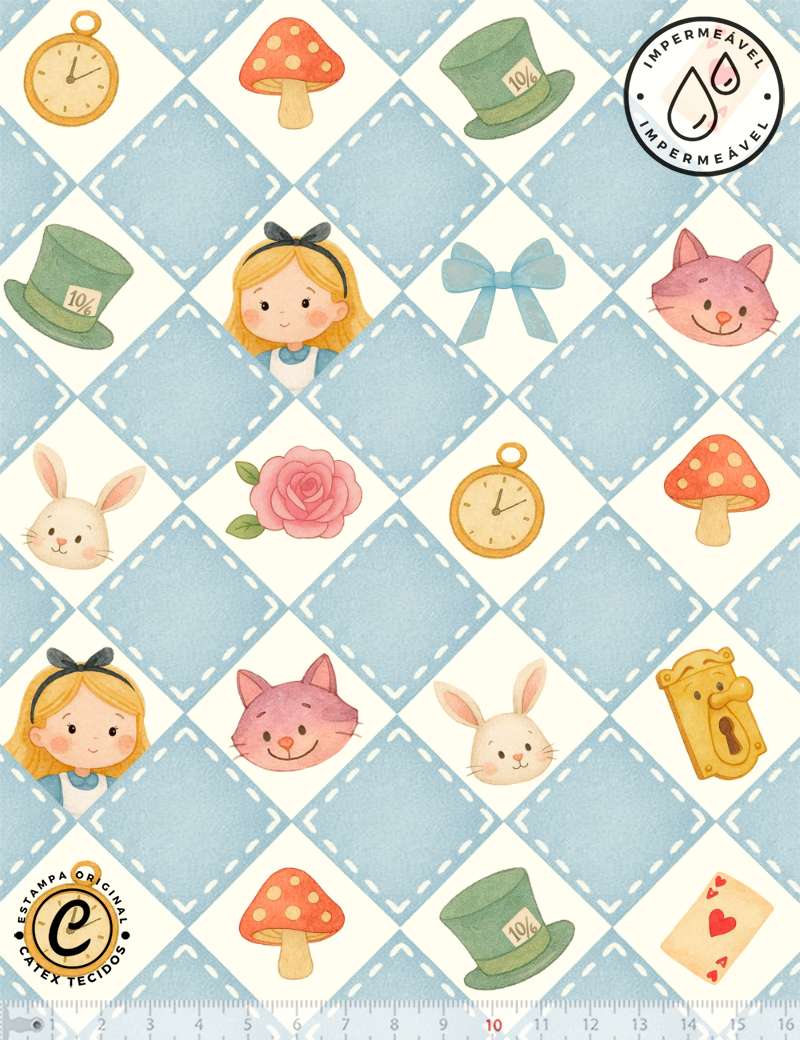Tecido Sarja Impermeável Especial Coleção Mini Alice - Mosaico da Alice - 100% Algodão - Largura 1,50m