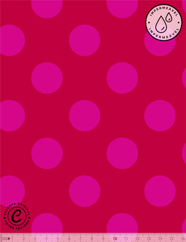 Sarja impermeável Coleção Vintage Pop – Poá Pink com Fundo Vermelho – 100% algodão, largura 1,50 m