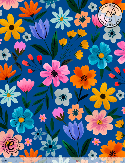 Sarja Impermeável Jardim em Festa da Coleção Jardim de Safira com flores coloridas em fundo azul