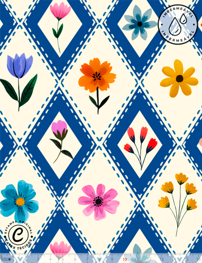 Sarja Impermeável Mosaico do Jardim da Coleção Jardim de Safira com flores e losangos azuis