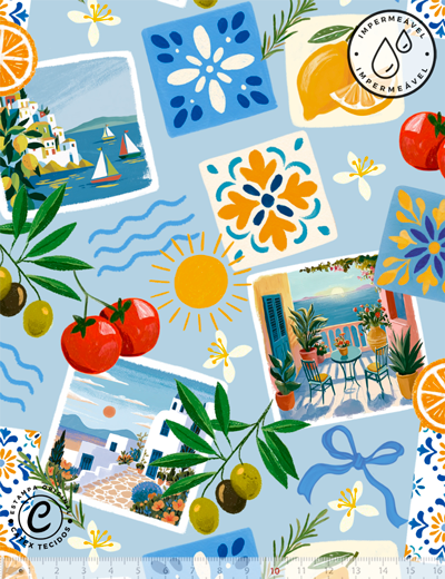Sarja Impermeável Mediterrâneo Solar - Azulejos Mediterrâneos com cítricos, tomates e padrões de azulejos