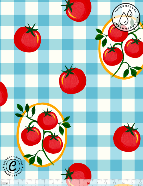 Tecido Sarja Impermeável Especial Coleção Casa Pomodoro - Tomates no Xadrez - 100% Algodão - Largura 1,50m