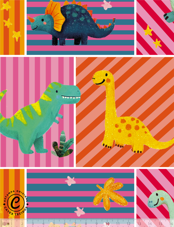 Tecido tricoline especial Coleção Mundo Dino - Quadrinhos Jurássicos