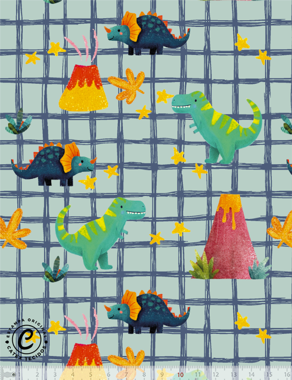 Tecido tricoline especial Coleção Mundo Dino - Grid Pré-Histórico