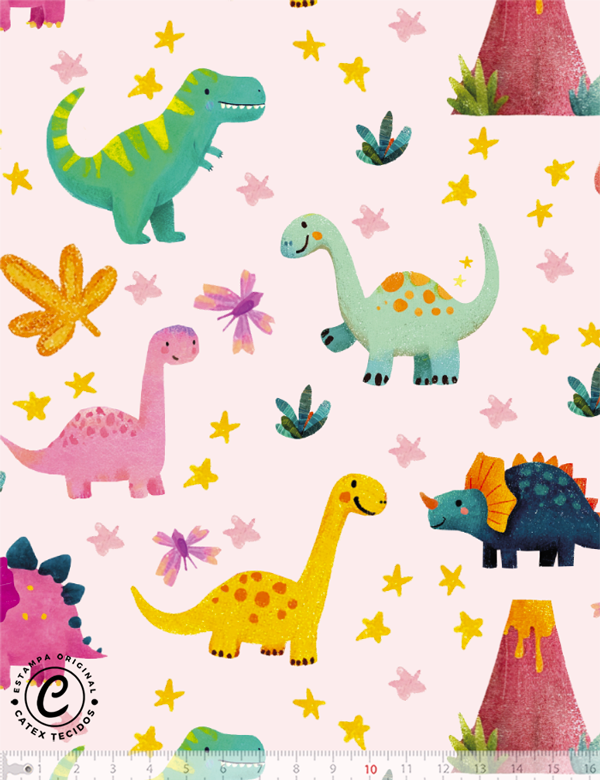 Tecido tricoline especial Coleção Mundo Dino - Dinossauros Coloridos