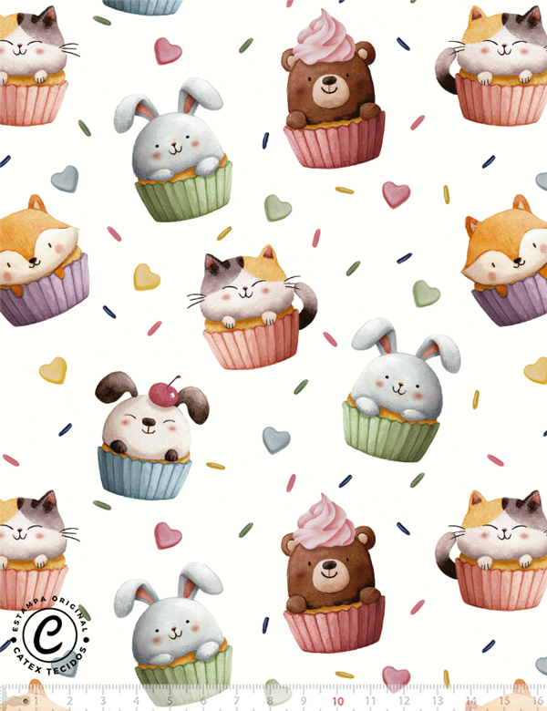 Tecido Tricoline Especial CuteCake - Bichinhos no Cupcake - 100% Algodao - Largura 1,50m