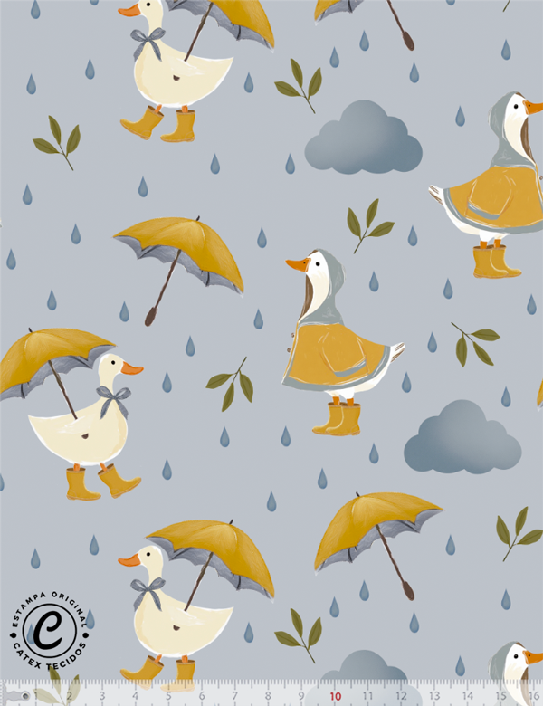 Tecido Tricoline Especial Patinho de Botas - Dia de Chuva - 100% Algodao - Largura 1,50m