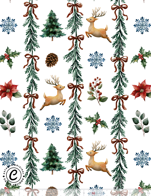 Tecido Tricoline Especial Espírito Natalino - Composé Bosque Natalino - Ramos de Natal - 100% Algodão - Largura 1,50m