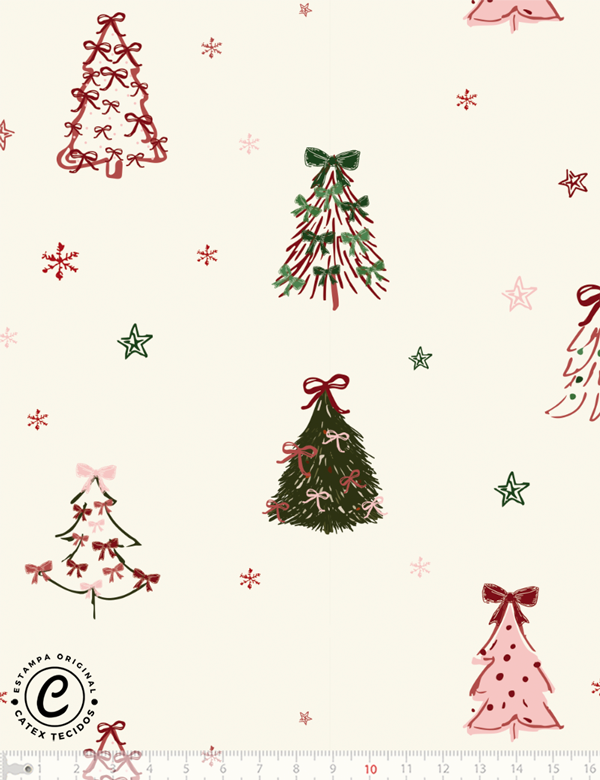 Tecido Tricoline Especial Coleção Natal Coquette - Pinheiros e Estrelinhas - 100% Algodão - Largura 1,50m