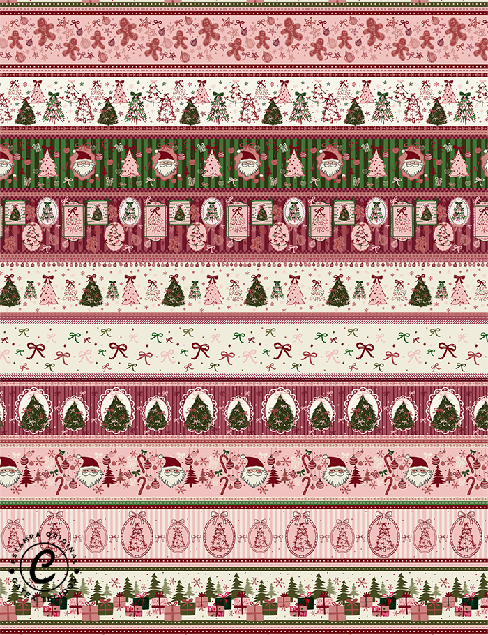 Tecido Tricoline Especial Coleção Natal Coquette - Barrado de Faixas Natalinas - 100% Algodão - Largura 1,50m