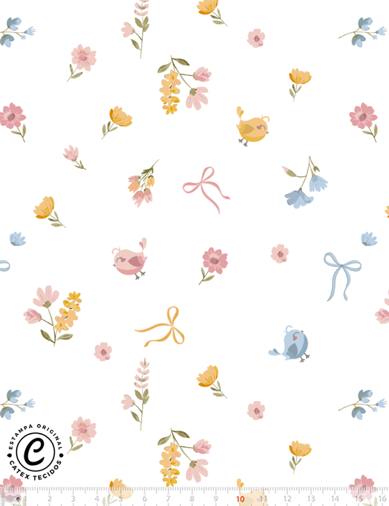 Tecido Tricoline Especial Coleção Josefinas por Lari Dias - Passarinhos e Flores - 100% Algodão - Largura 1,50m