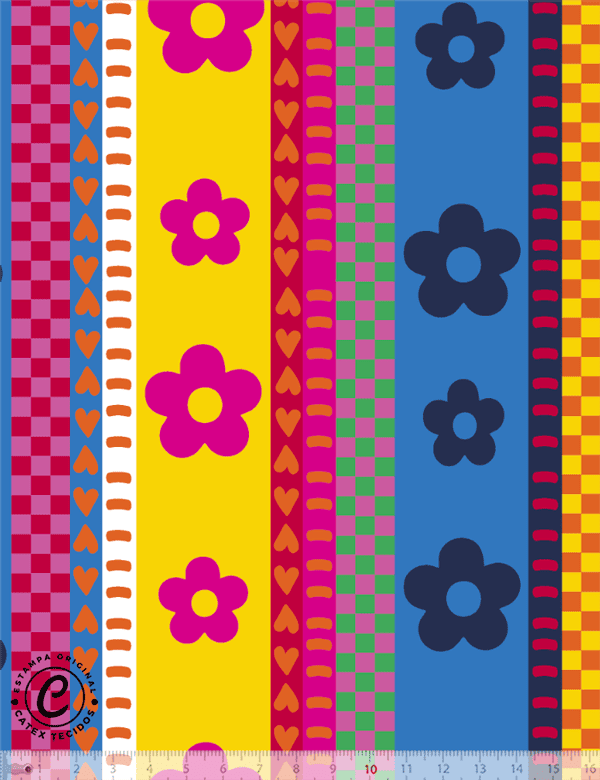 Tecido Tricoline Especial Coleção Vintage Pop - Faixas & Flores - 100% Algodão - Largura 1,50m
