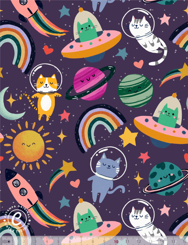 Tecido tricoline especial Coleção Gatinhos Cósmicos - Aventura Espacial