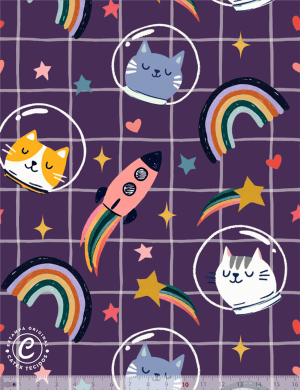 Tecido tricoline especial Coleção Gatinhos Cósmicos - Grid Galáctico