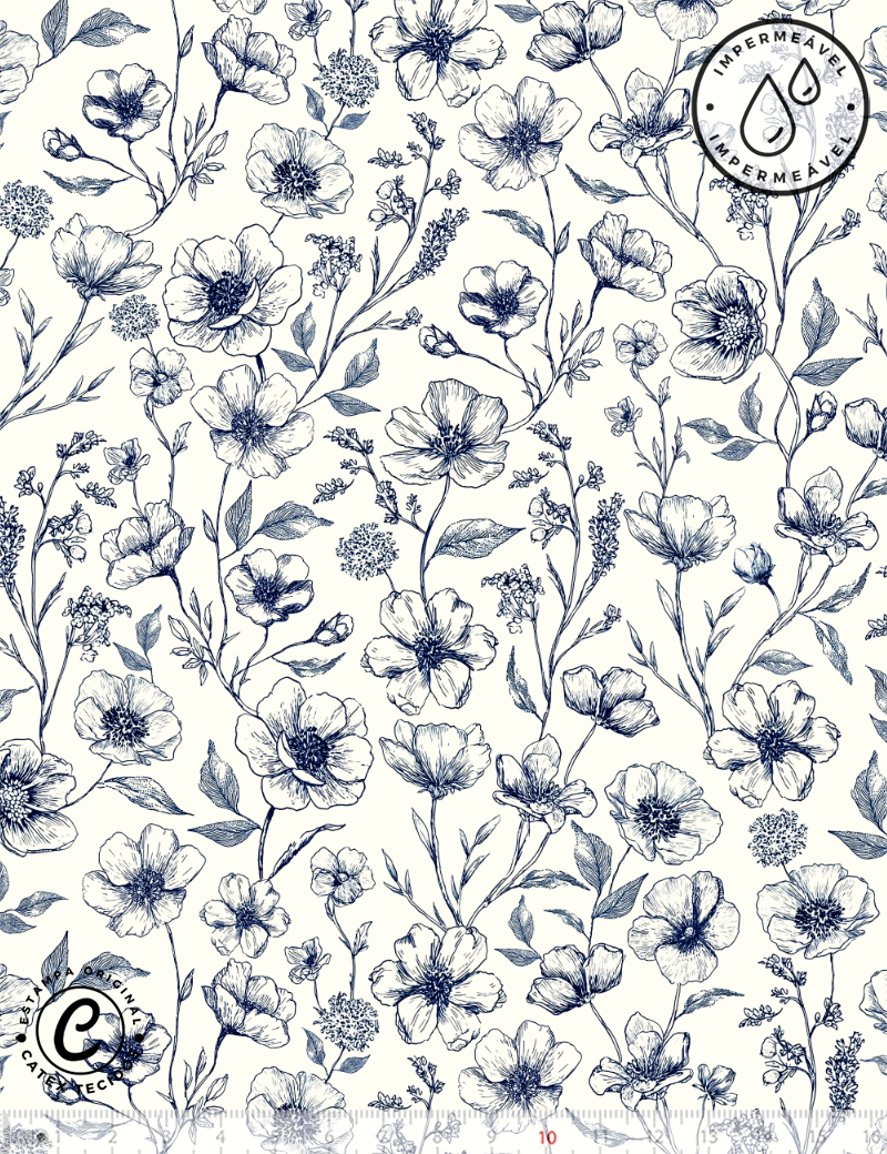 Tecido Sarja Impermeável Especial Coleção Floral Toile de Jouy - Jardim Floral - 100% Algodão - Largura 1,50m