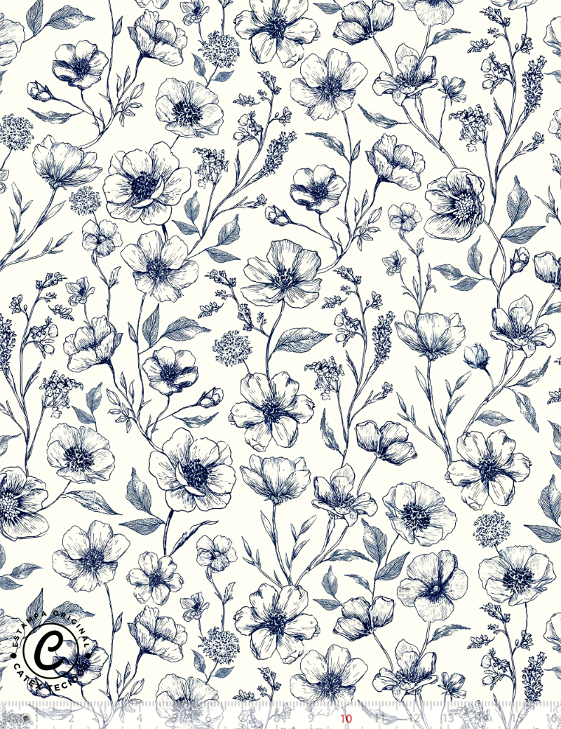 Tecido Tricoline Especial Coleção Floral Toile de Jouy - Jardim Floral - 100% Algodão - Largura 1,50m