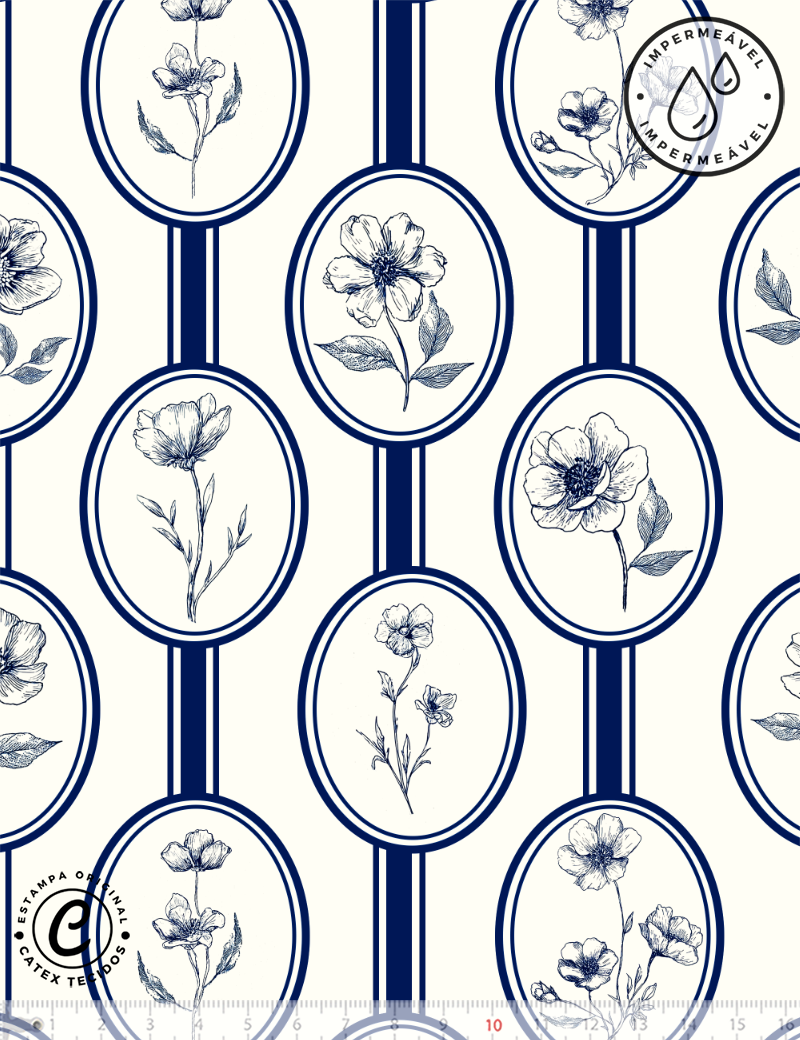 Tecido Sarja Impermeável Especial Coleção Floral Toile de Jouy - Medalhões Florais - 100% Algodão - Largura 1,50m