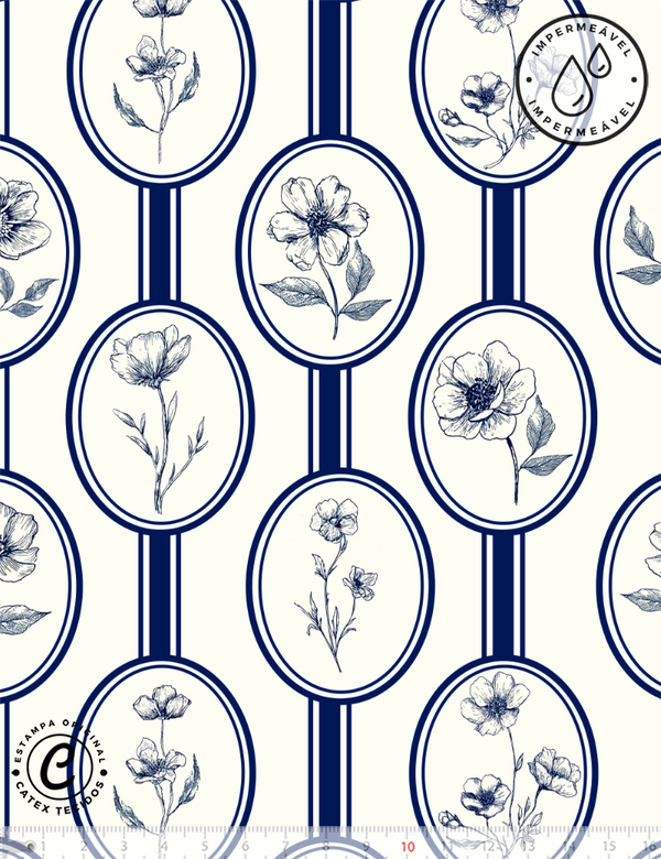 Tecido Sarja Impermeável Especial Coleção Floral Toile de Jouy - Medalhões Florais - 100% Algodão - Largura 1,50m