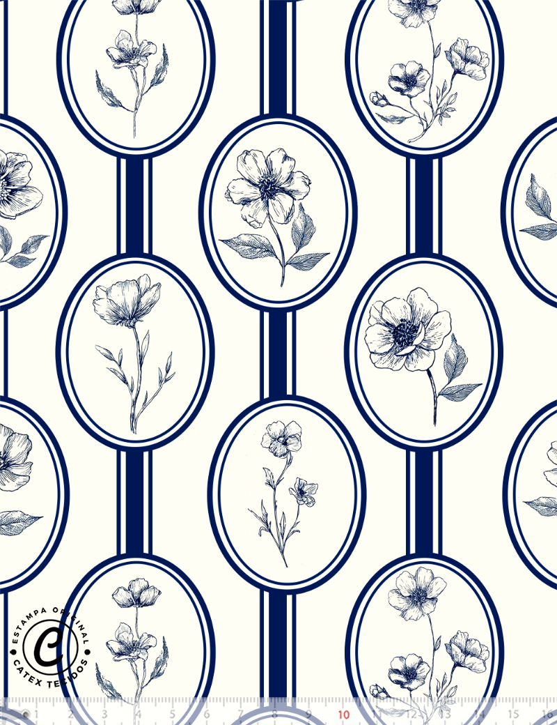 Tecido Tricoline Especial Coleção Floral Toile de Jouy - Medalhões Florais - 100% Algodão - Largura 1,50m