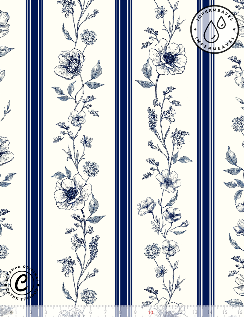 Tecido Sarja Impermeável Especial Coleção Floral Toile de Jouy - Listras Florais - 100% Algodão - Largura 1,50m