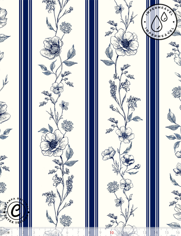 Tecido Sarja Impermeável Especial Coleção Floral Toile de Jouy - Listras Florais - 100% Algodão - Largura 1,50m