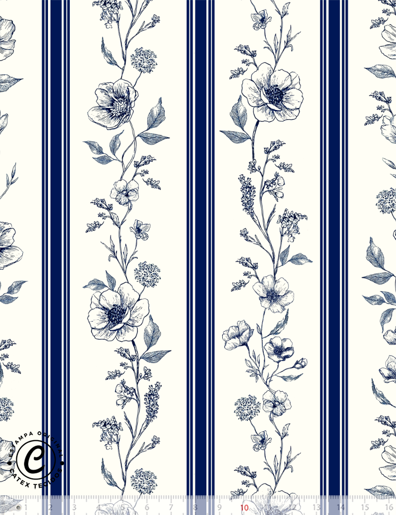 Tecido Tricoline Especial Coleção Floral Toile de Jouy - Listras Florais - 100% Algodão - Largura 1,50m
