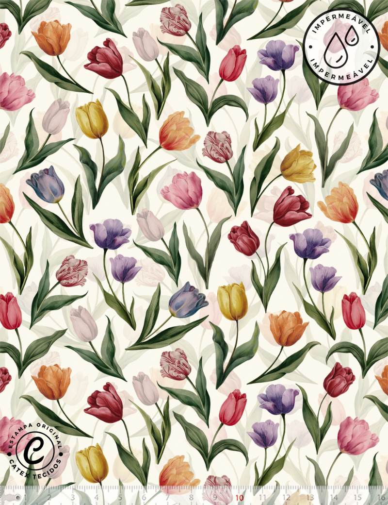 Tecido Sarja Impermeável Especial Coleção Jardim de Tulipas - Tulipas ao Vento - 100% Algodão - Largura 1,50m