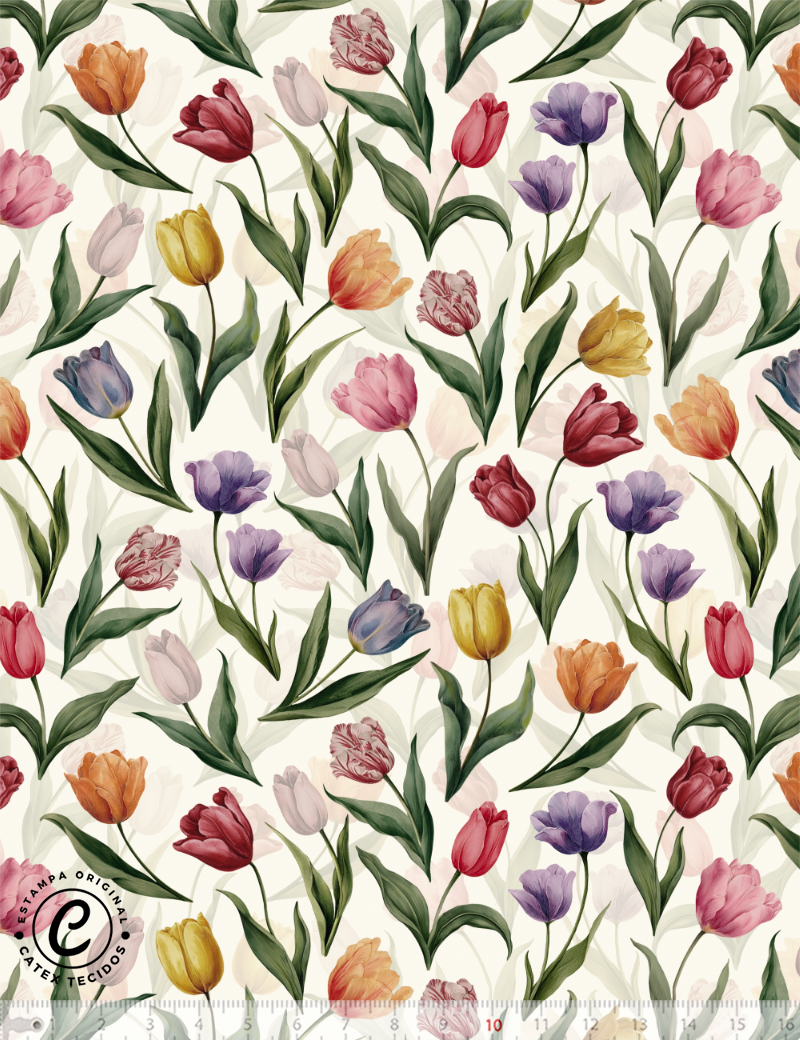 Tecido Tricoline Especial Coleção Jardim de Tulipas - Tulipas ao Vento - 100% Algodão - Largura 1,50m