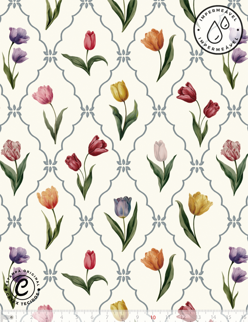 Tecido Sarja Impermeável Especial Coleção Jardim de Tulipas - Arabescos de Tulipas - 100% Algodão - Largura 1,50m
