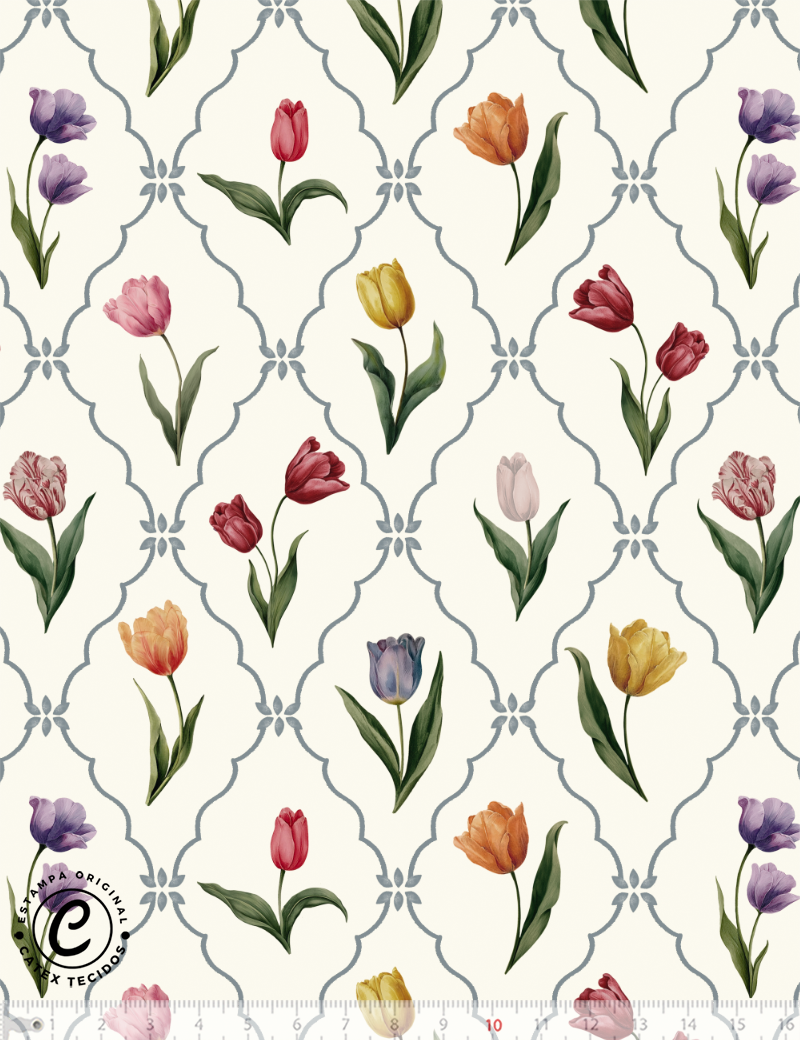 Tecido Tricoline Especial Coleção Jardim de Tulipas - Arabescos de Tulipas - 100% Algodão - Largura 1,50m