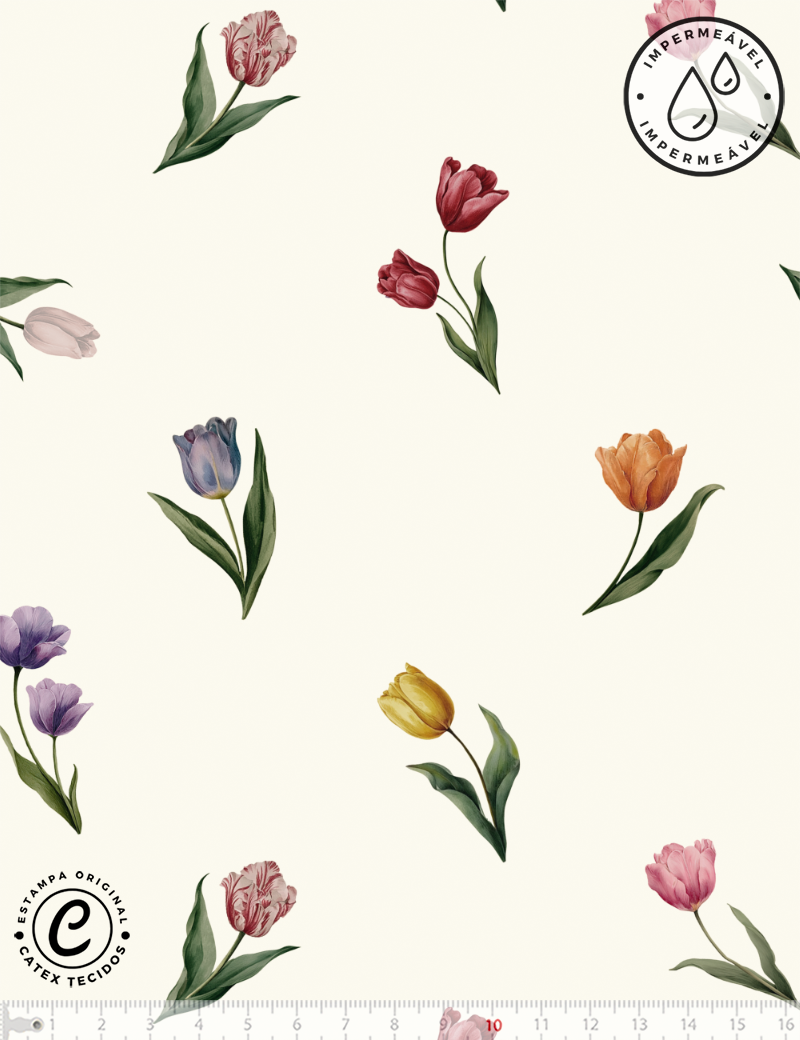 Tecido Sarja Impermeável Especial Coleção Jardim de Tulipas - Tulipas Delicadas - 100% Algodão - Largura 1,50m