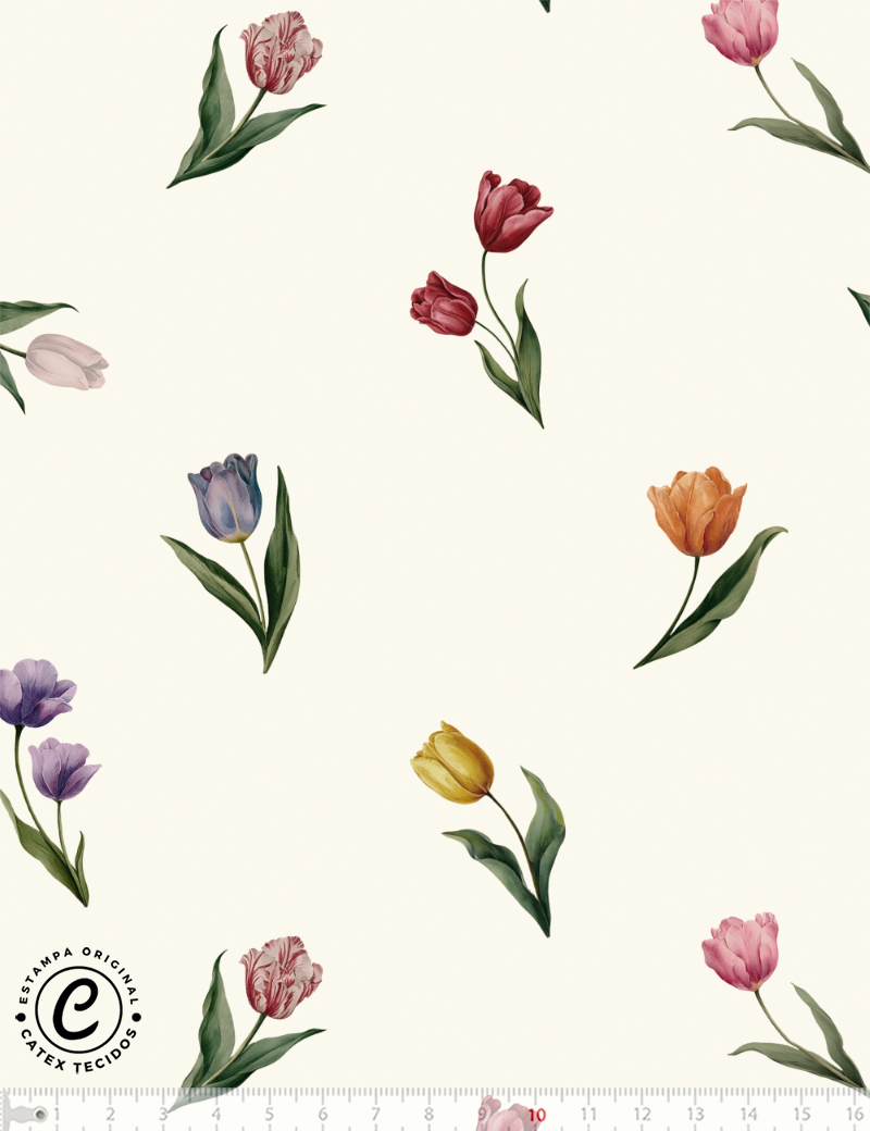 Tecido Tricoline Especial Coleção Jardim de Tulipas - Tulipas Delicadas - 100% Algodão - Largura 1,50m