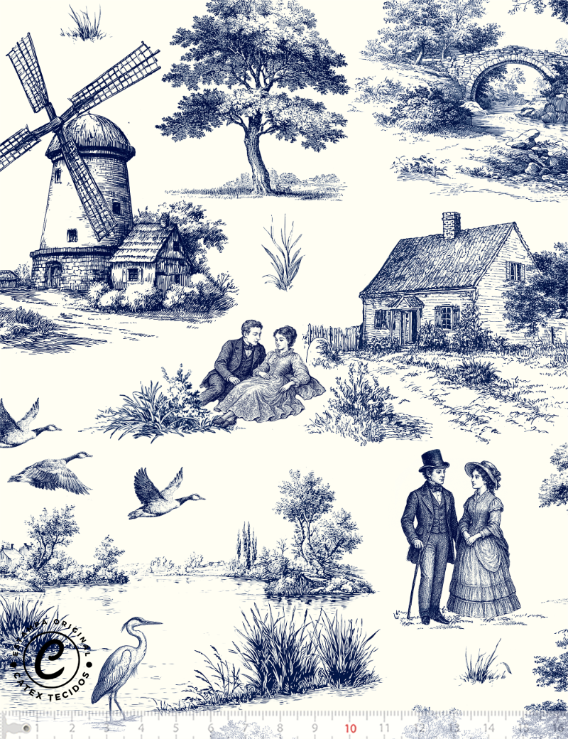 Tecido Tricoline Especial Toile de Jouy Campestre - Cenas Campestres - 100% Algodão - Largura 1,50m