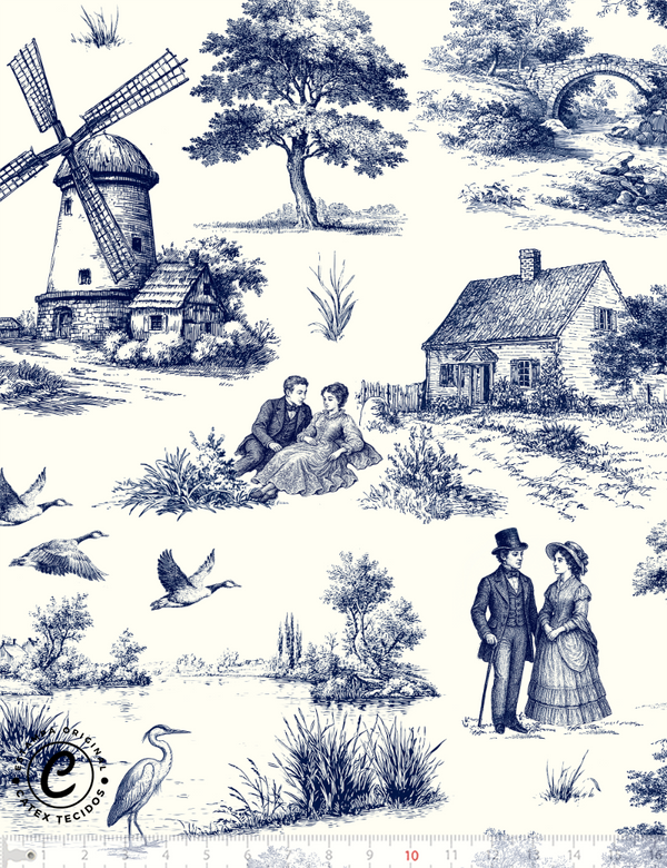 Tecido Tricoline Especial Toile de Jouy Campestre - Cenas Campestres - 100% Algodão - Largura 1,50m