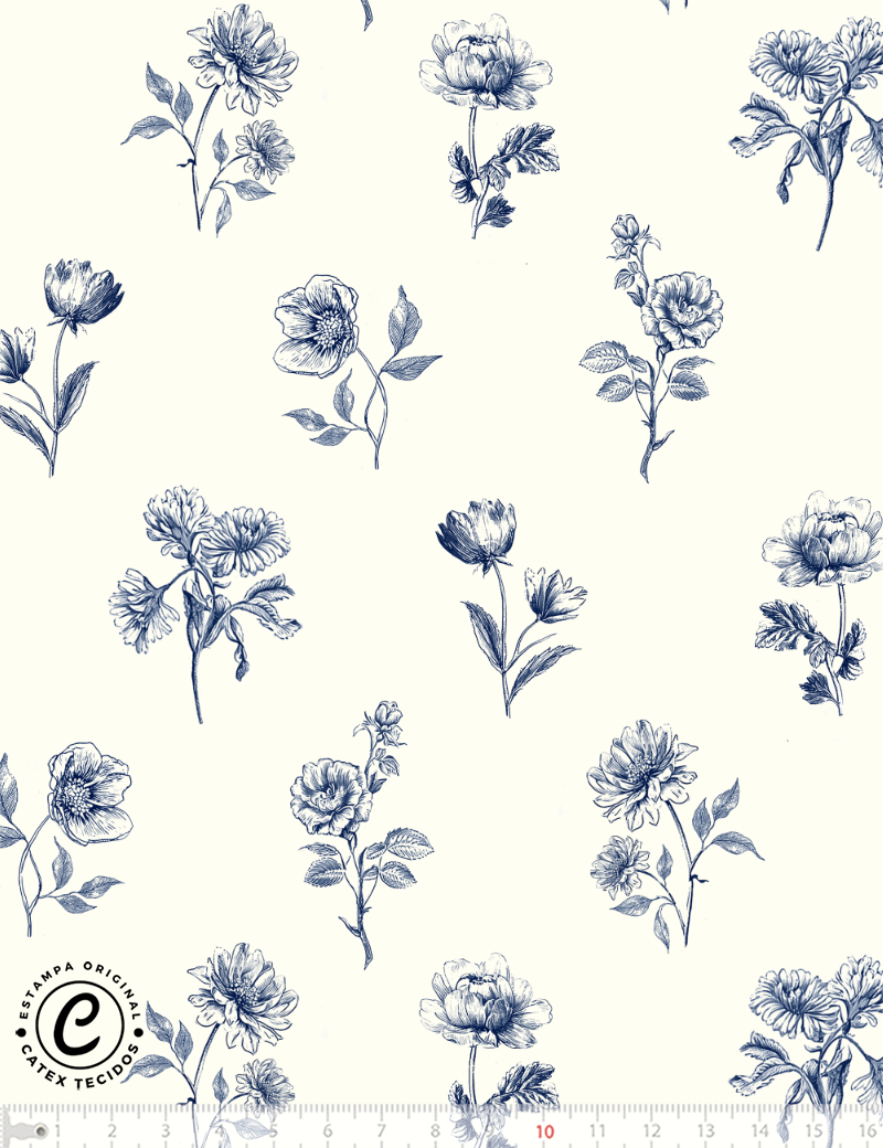 Tecido Tricoline Especial Toile de Jouy Campestre - Botânica Azul - 100% Algodão - Largura 1,50m