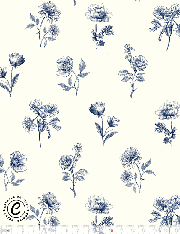 Tecido Tricoline Especial Toile de Jouy Campestre - Botânica Azul - 100% Algodão - Largura 1,50m
