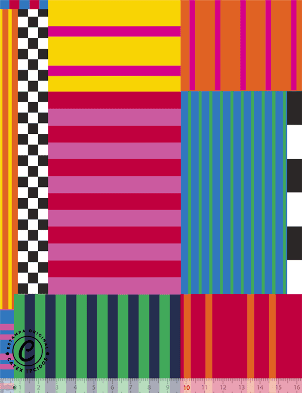 Tecido Tricoline Especial Coleção Vintage Pop - Mosaico de Listras - 100% Algodão - Largura 1,50m