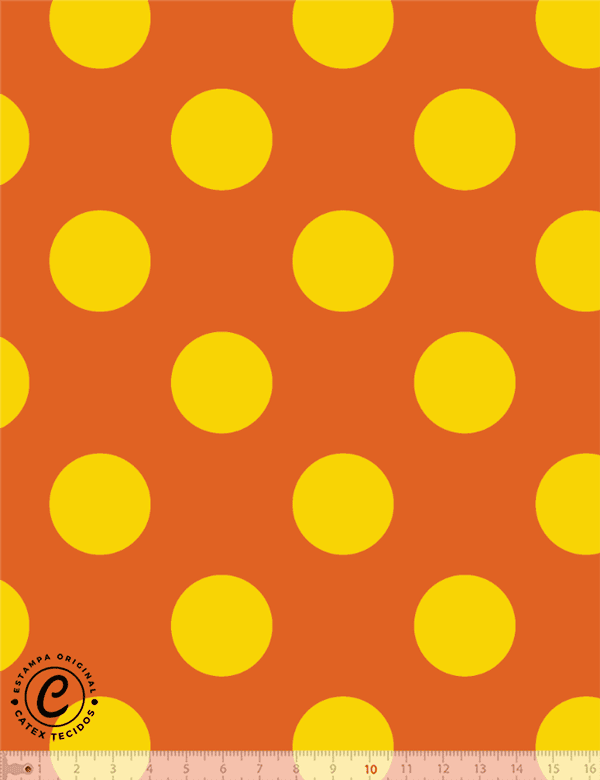 Tecido Tricoline Especial Coleção Vintage Pop - Poá Amarelo com Fundo Laranja - 100% Algodão - Largura 1,50m
