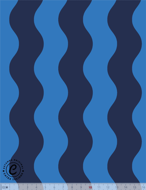 Tecido Tricoline Especial Coleção Vintage Pop - Ondas Marinho e Azul - 100% Algodão - Largura 1,50m