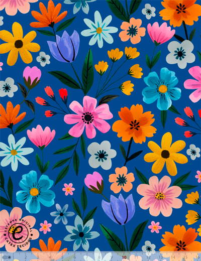 Tricoline Jardim em Festa da Coleção Jardim de Safira com flores coloridas em fundo azul