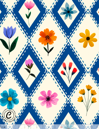 Tricoline Mosaico do Jardim da Coleção Jardim de Safira com flores e losangos azuis