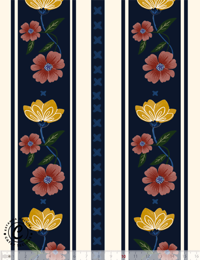 Tricoline Jardim Noturno da Coleção Trópico Místico com flores em faixas azul-marinho