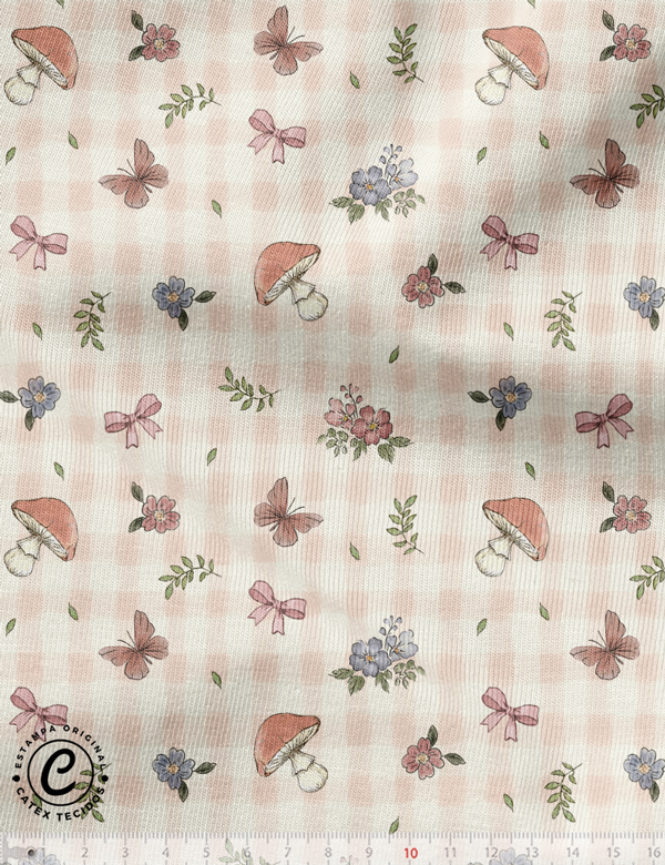 Flanela Baby Especial Coleção Jardim Vintage - Xadrez Cogumelos e Borboletas em tons bege e rosa
