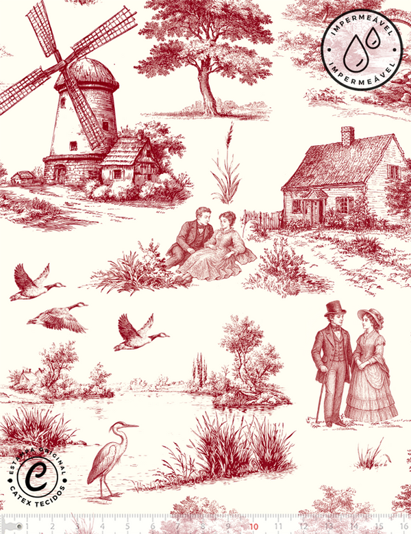 Tecido Sarja Impermeável Especial Toile de Jouy Campestre - Cenas Campestres - Vermelho - 100% Algodão - Largura 1,50m
