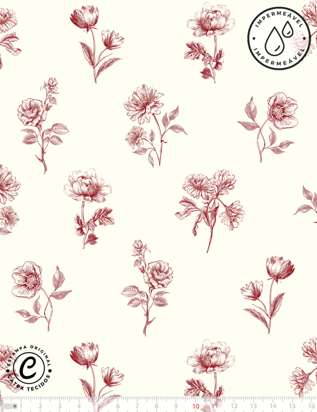 Tecido Sarja Impermeável Especial Toile de Jouy Campestre - Botânica Vermelha - 100% Algodão - Largura 1,50m