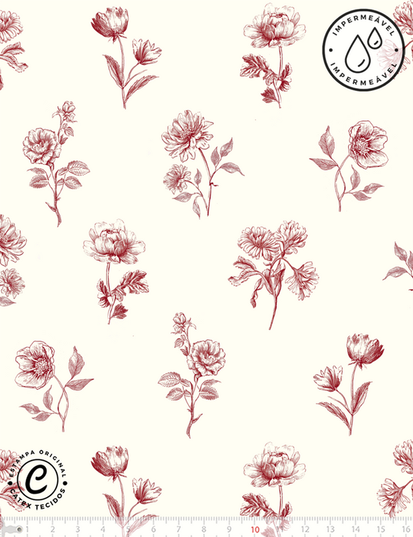 Tecido Sarja Impermeável Especial Toile de Jouy Campestre - Botânica Vermelha - 100% Algodão - Largura 1,50m