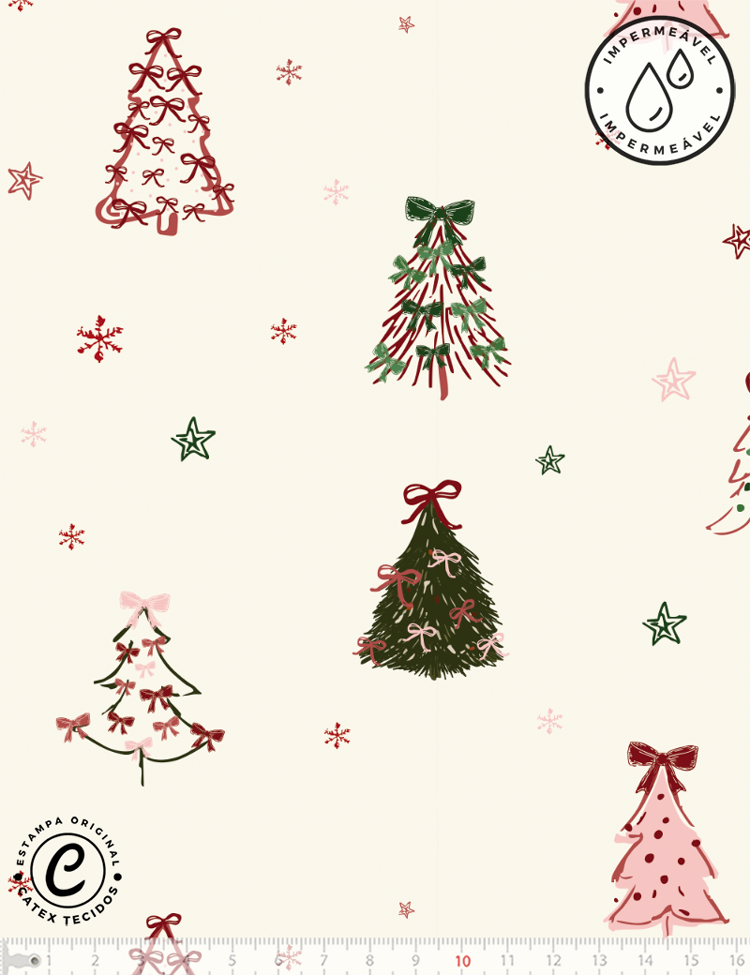 Tecido Sarja Impermeável Especial Coleção Natal Coquette - Pinheiros e Estrelinhas - 100% Algodão - Largura 1,50m